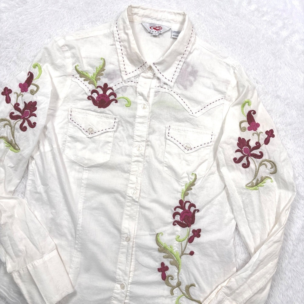 Roper Western Shirt Womens S White Floral Embroidered Stitching Western Rodeo